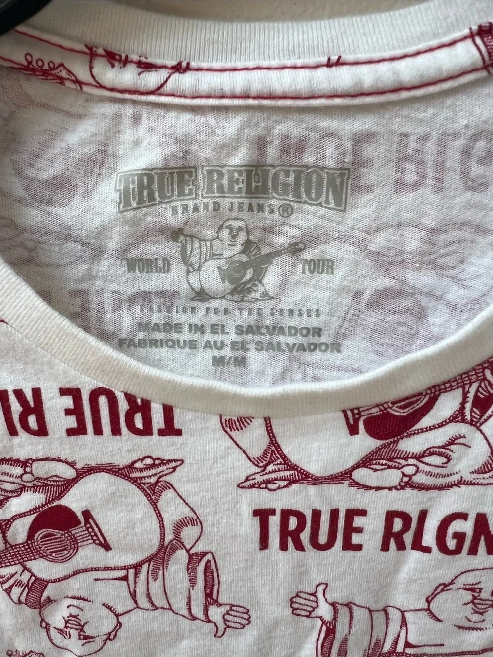True Religion White Tee with Maroon Guitar & Buddha All-Over Print